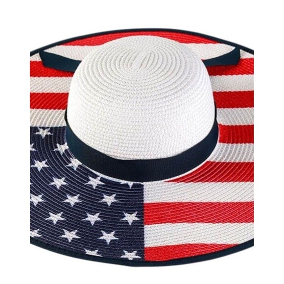 Red White Blue American Flag Bow USA Floppy Sun Hat Wide Brim Womens Patriotic